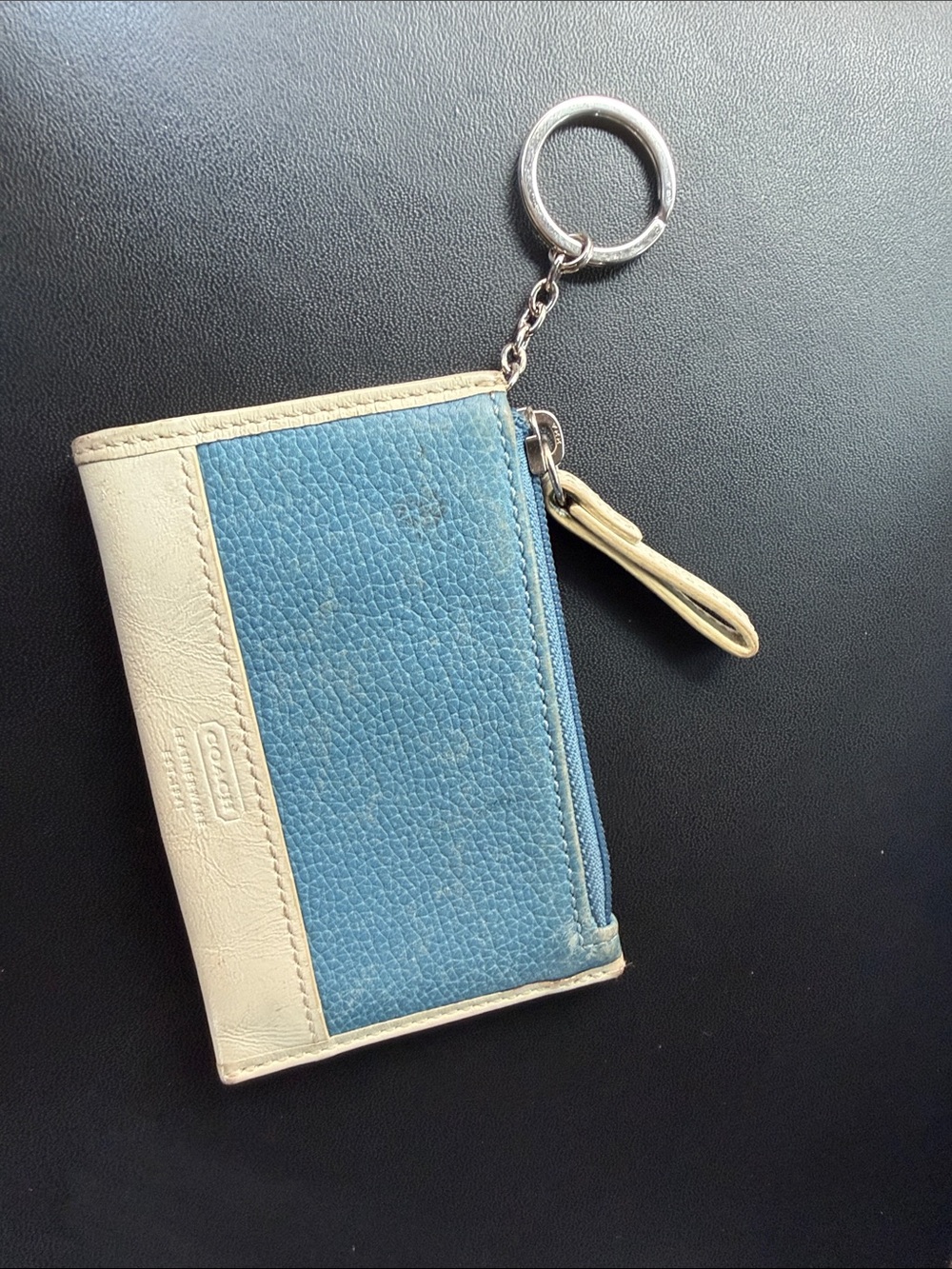 Coach Blue and Cream Leather Key & Card Holder with Key Ring